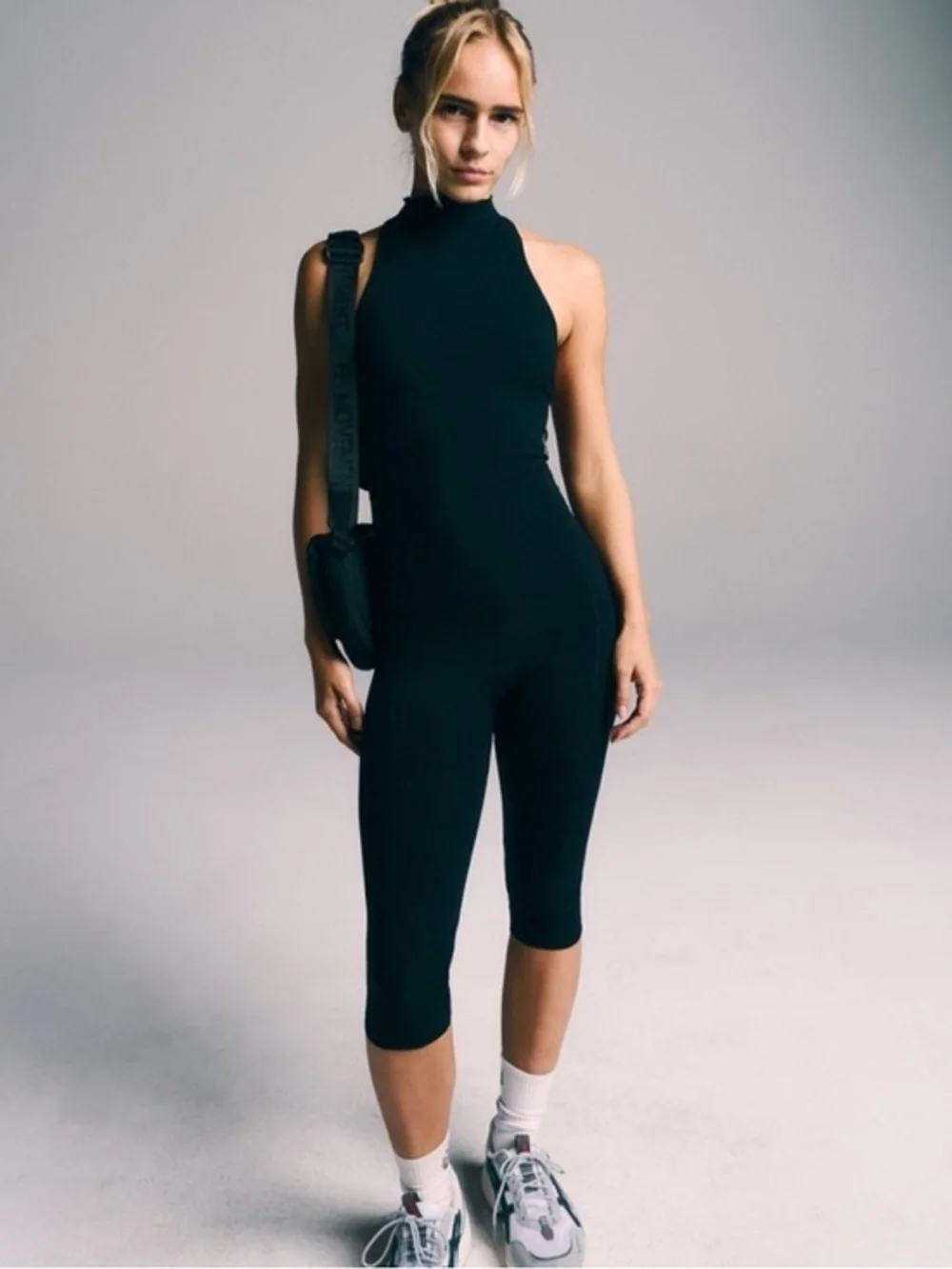 Free People Movement High Side Black Athletic One Piece Jumpsuit Romper