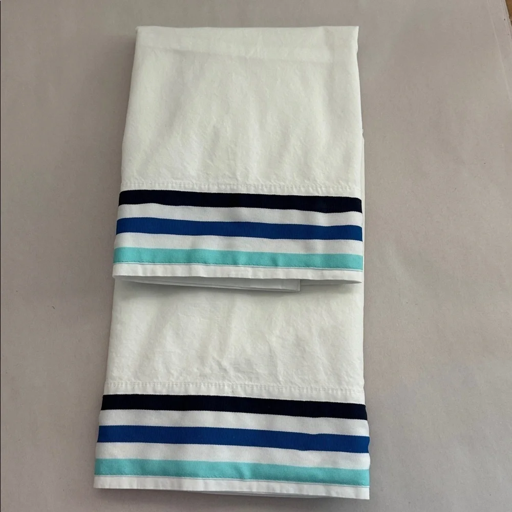 2 Pottery Barn Teen blue striped pillow cases Standard size Beach coastal Cotton