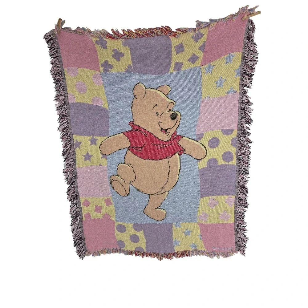 Disney Winnie the Pooh Vintage Woven Tapestry Throw Blanket Pink Purple Pastel