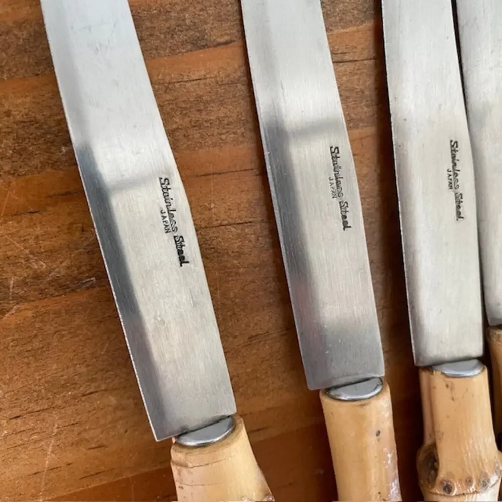 8 Vintage Bamboo Handle Stainless Steel Butter Knives - Made in Japan