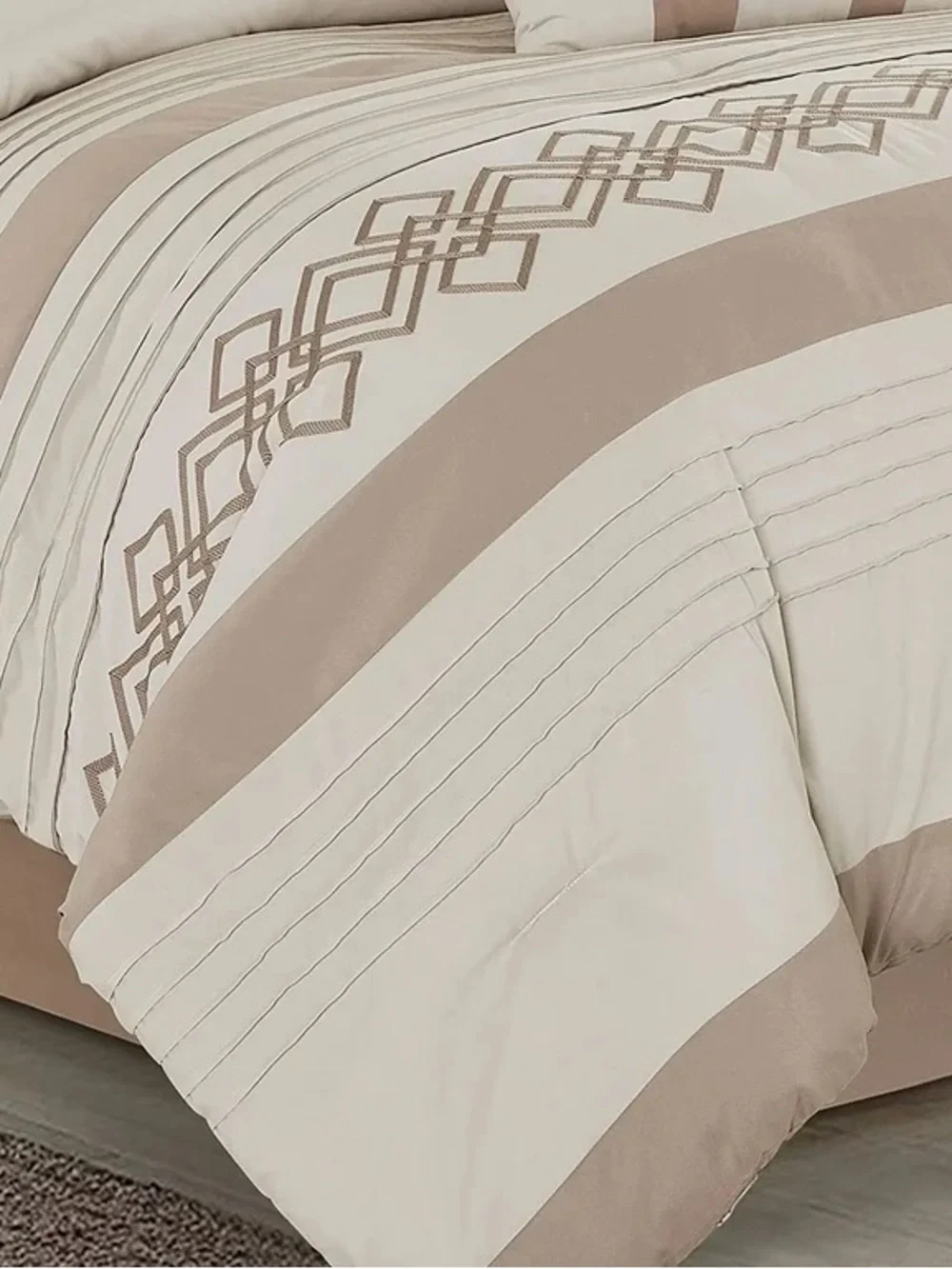 Luxury Cream and Taupe Geometric king 3 piece Comforter Set
