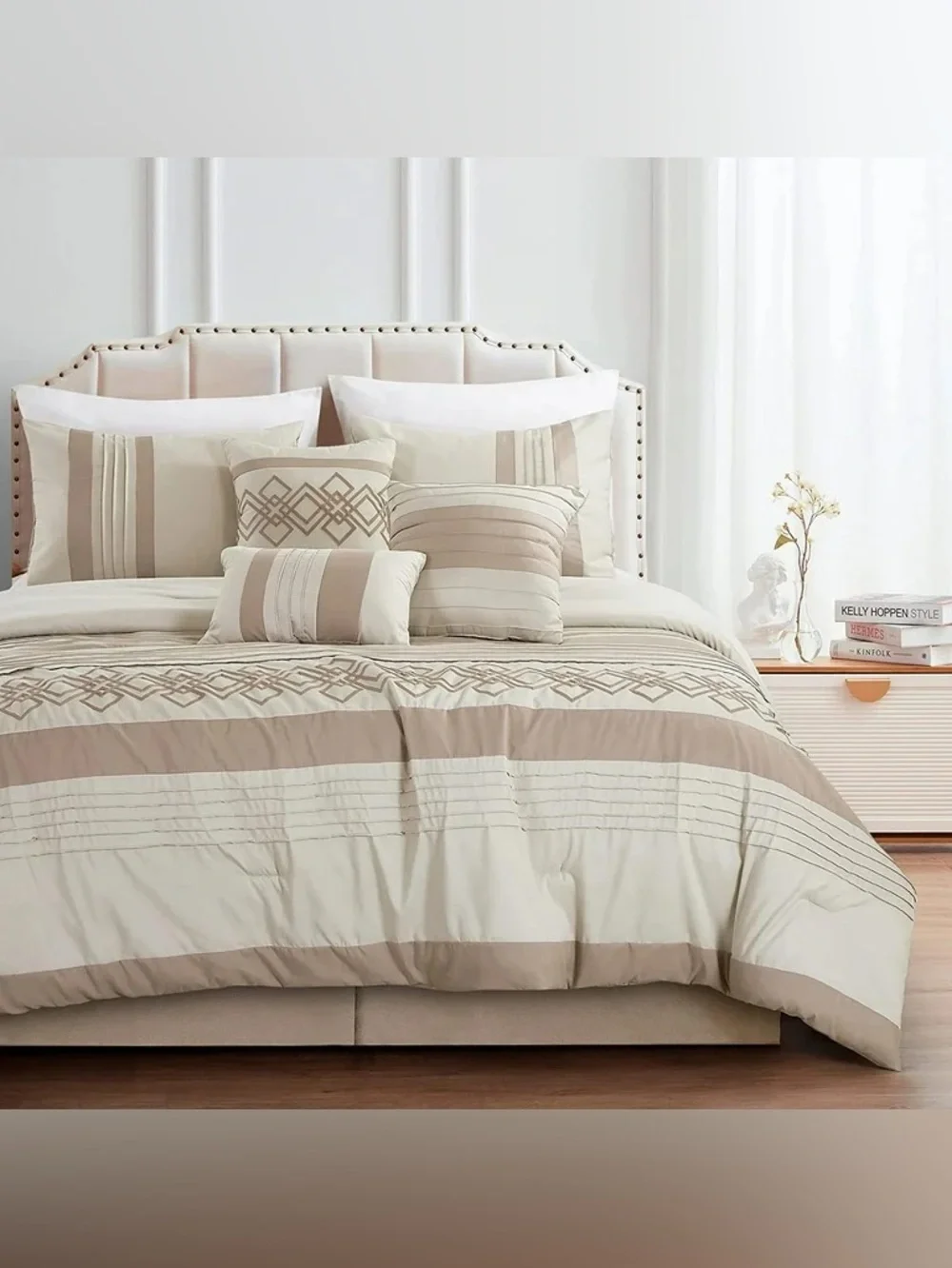Luxury Cream and Taupe Geometric king 3 piece Comforter Set