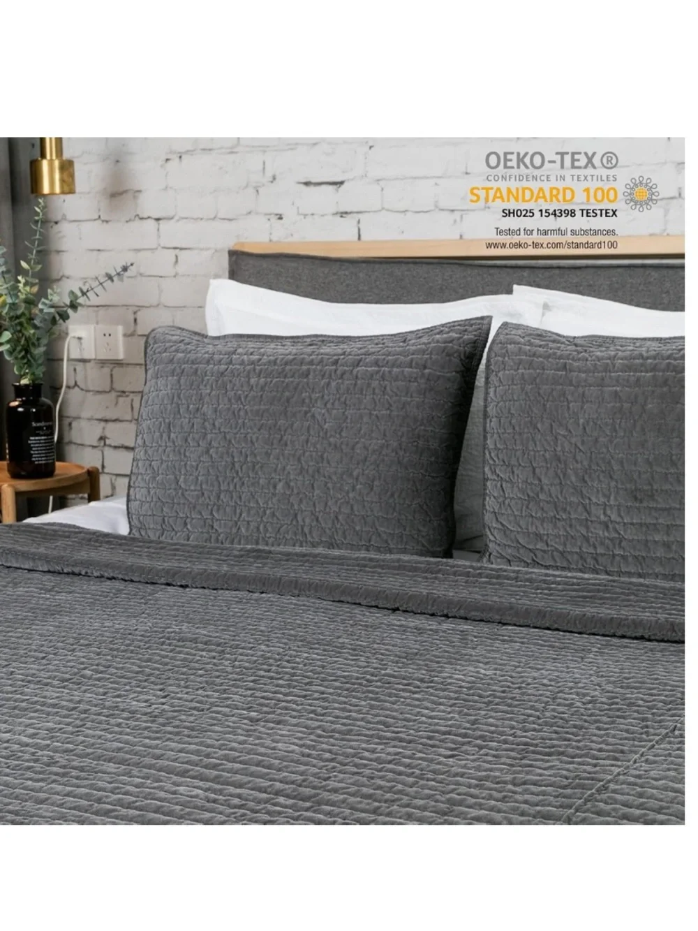 Bed Pillow Sham Royal Cotton Velvet Pic-Stitch Standard 20x26” Gray (1 piece)