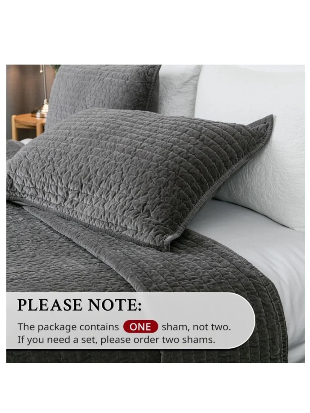 Bed Pillow Sham Royal Cotton Velvet Pic-Stitch Standard 20x26” Gray (1 piece)