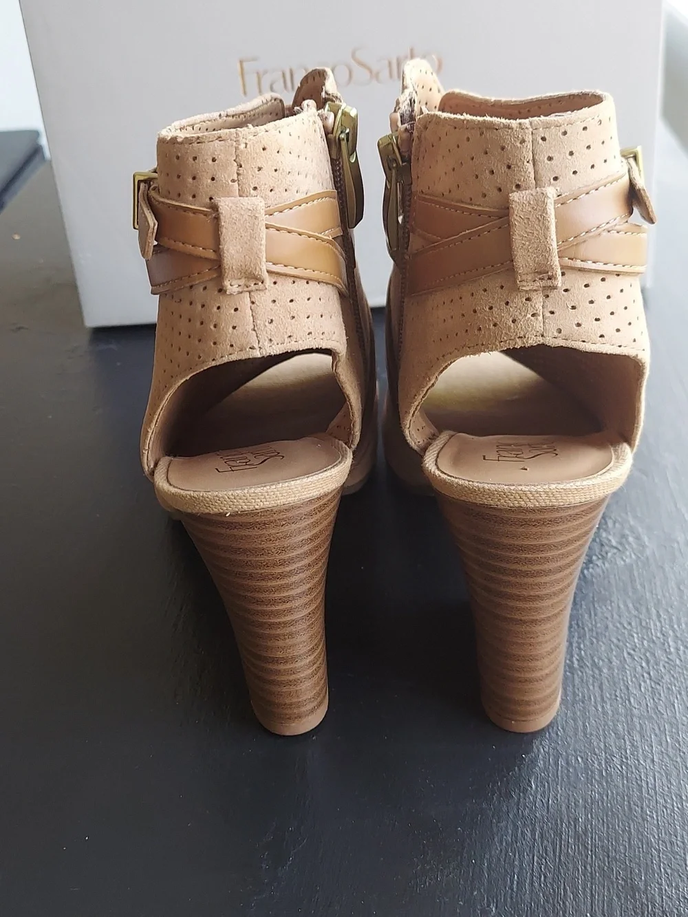Franco Sarto L-Fantana Size 10 Camel Tan Suede Peep Toe Ankle Sleek Heel Booties