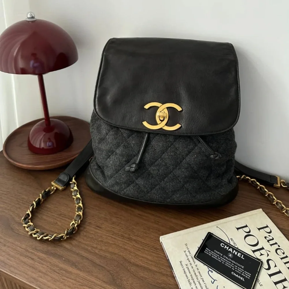 Authentic CHANEL tweed leather black khaki backpack