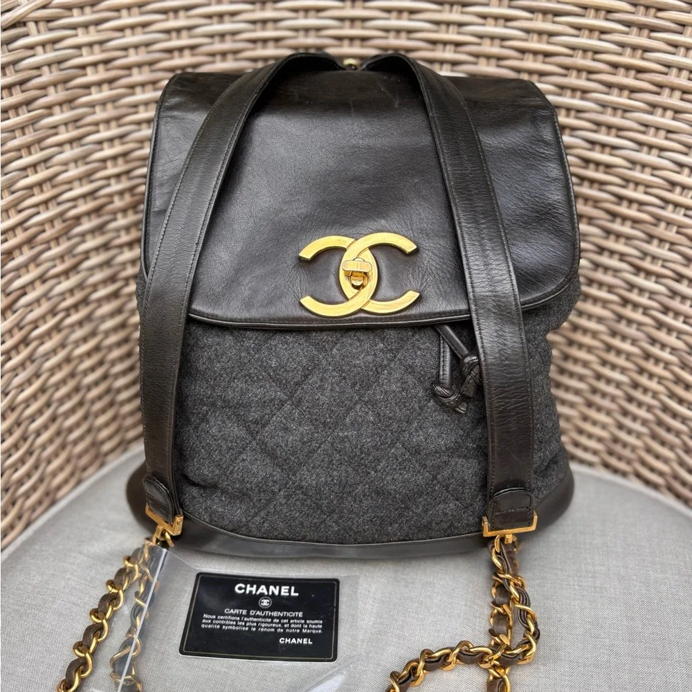 Authentic CHANEL tweed leather black khaki backpack
