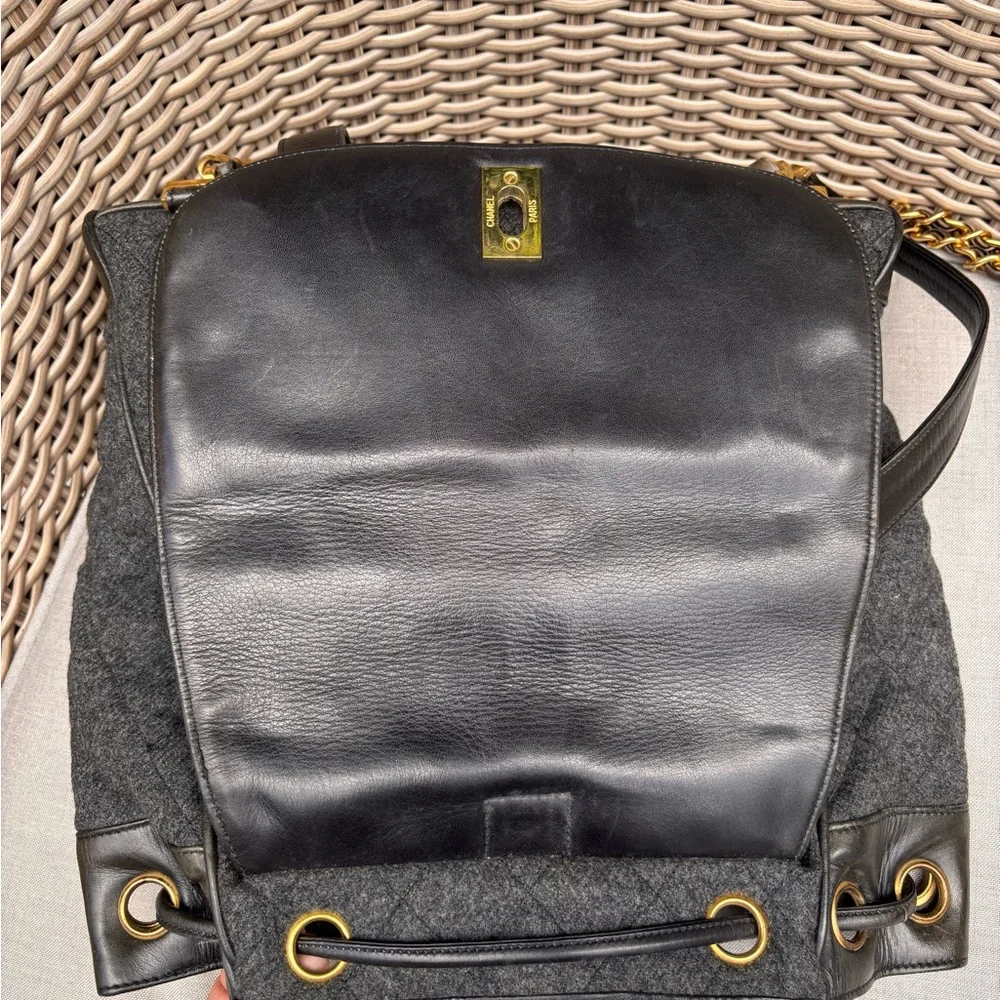 Authentic CHANEL tweed leather black khaki backpack