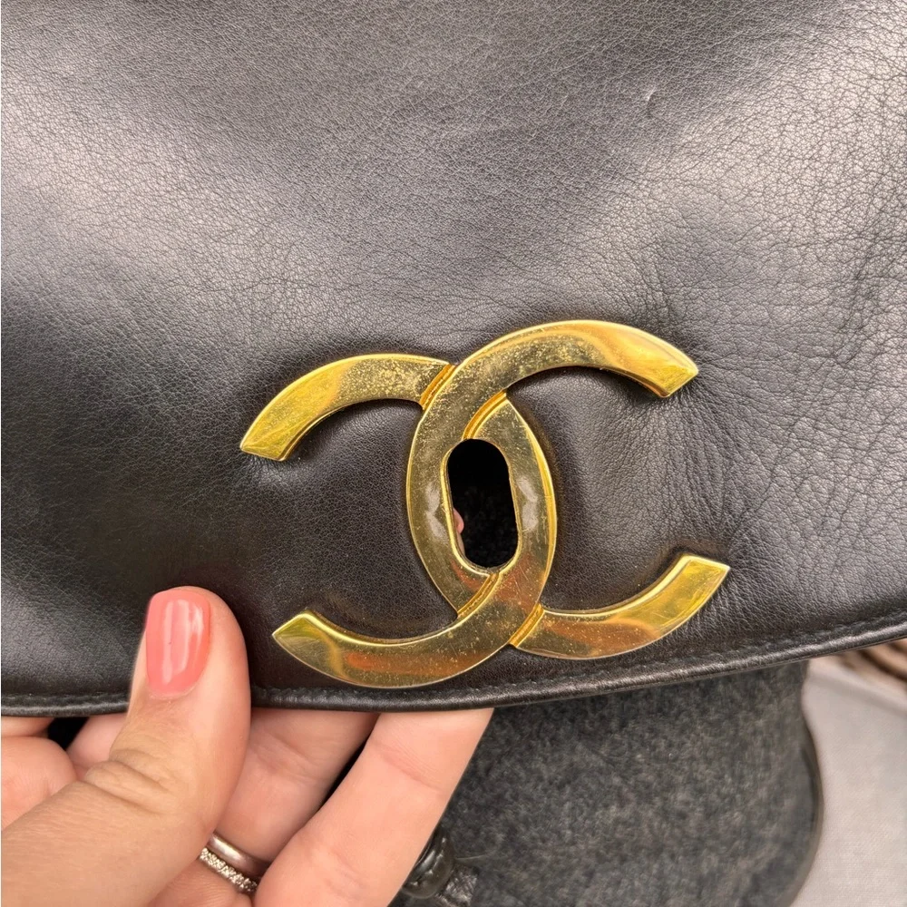 Authentic CHANEL tweed leather black khaki backpack