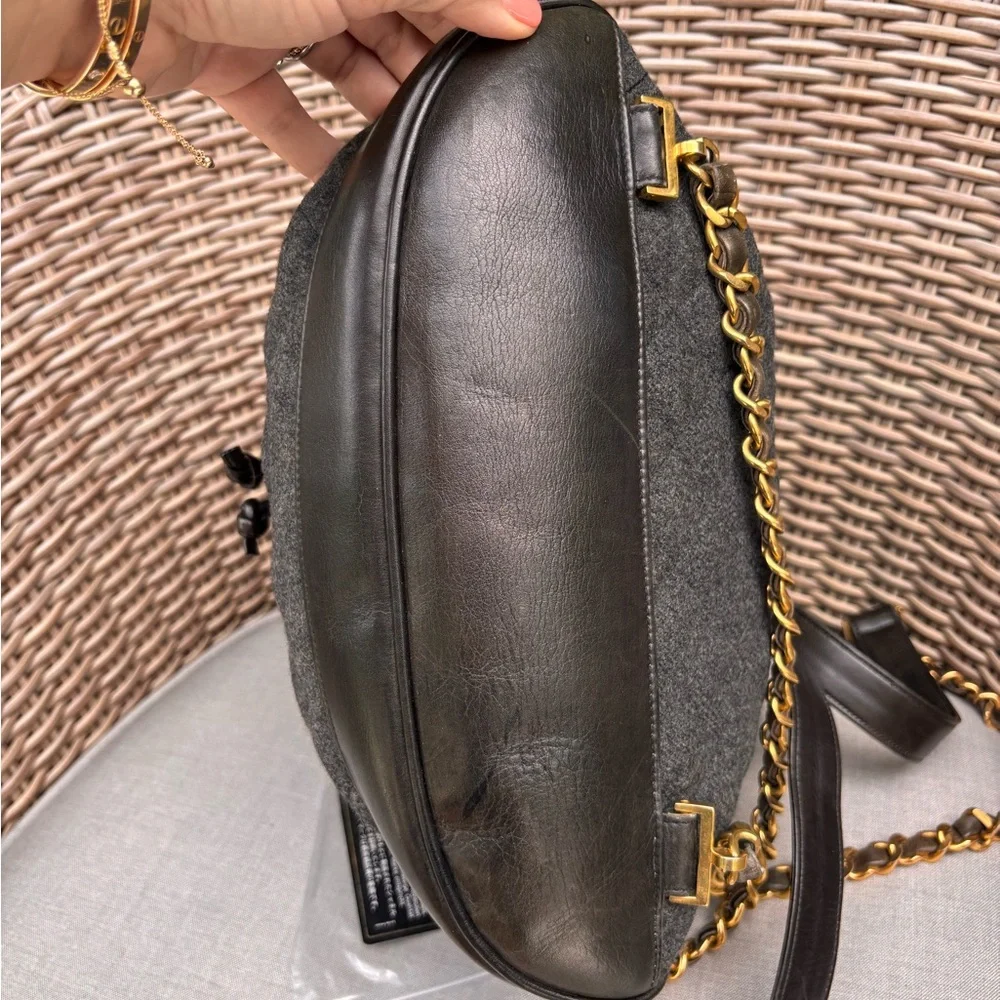 Authentic CHANEL tweed leather black khaki backpack