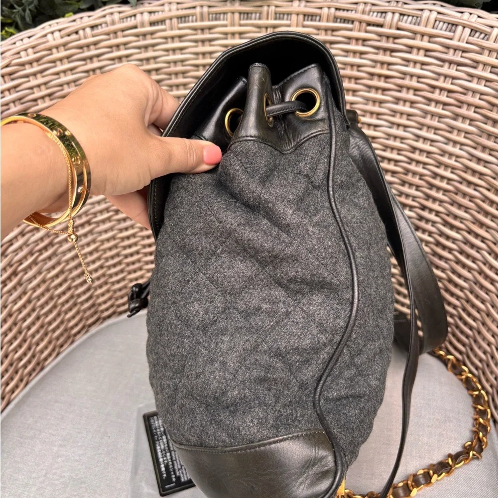 Authentic CHANEL tweed leather black khaki backpack
