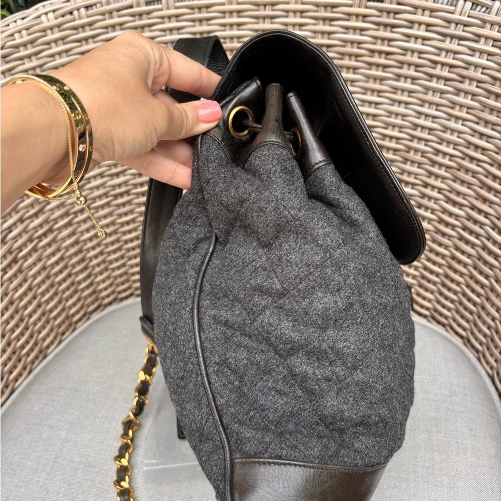 Authentic CHANEL tweed leather black khaki backpack