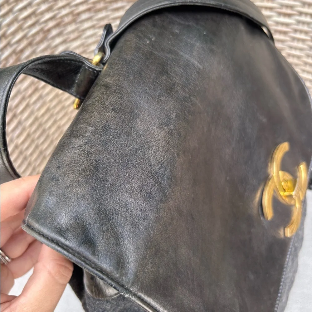 Authentic CHANEL tweed leather black khaki backpack