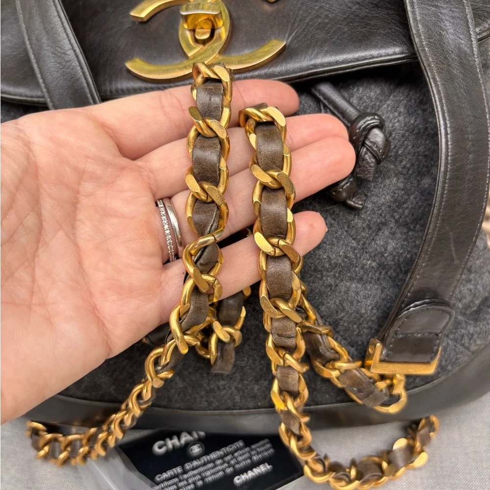 Authentic CHANEL tweed leather black khaki backpack
