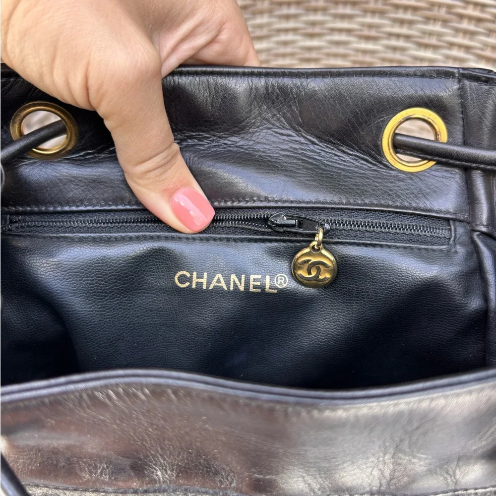Authentic CHANEL tweed leather black khaki backpack