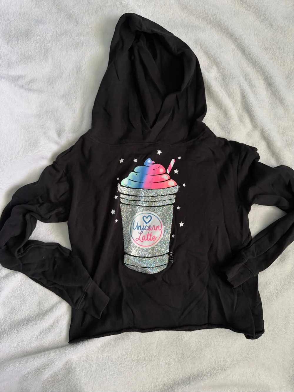 Justice Black Hoodie with Glitter 'Unicorn Latte' Graphic