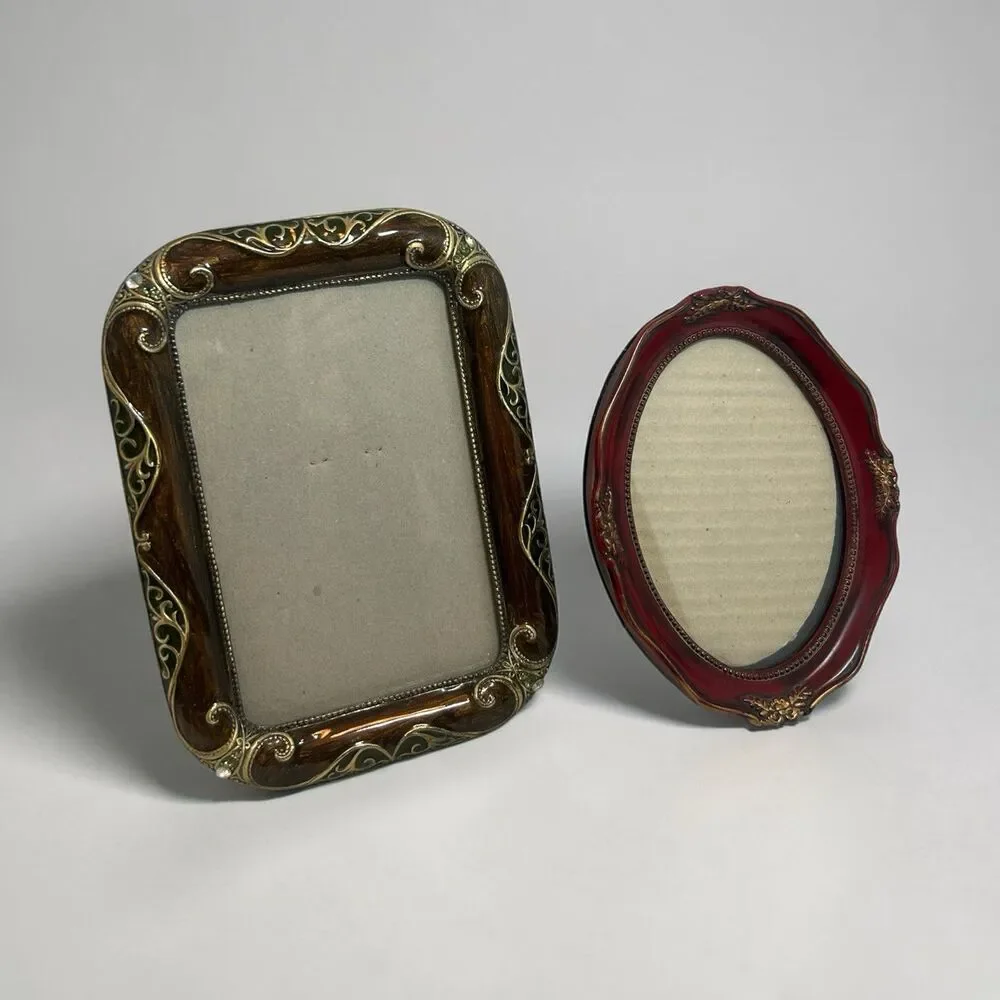 Vintage Ornate Metal & Wood Photo Frame Set Brown 4x6 & Red 3.5x5 Tabletop Decor