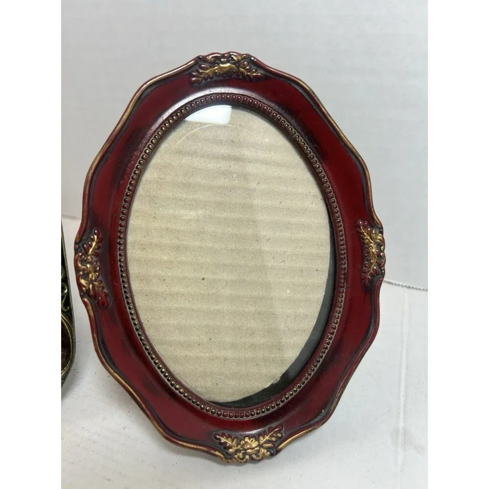 Vintage Ornate Metal & Wood Photo Frame Set Brown 4x6 & Red 3.5x5 Tabletop Decor