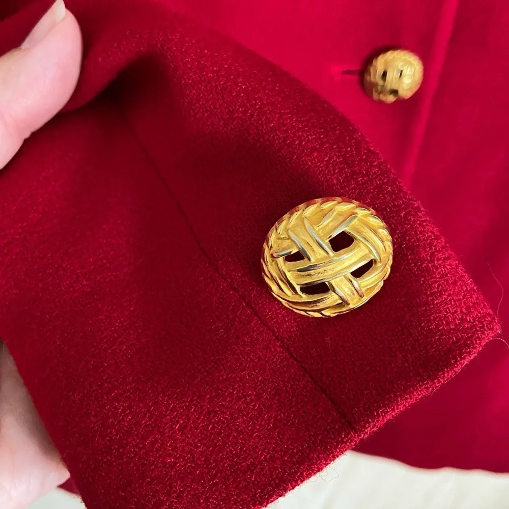 CHRISTIAN DIOR Vintage Pure Red Full Suit w/Pleat Skirt Gold Buttons sz 12