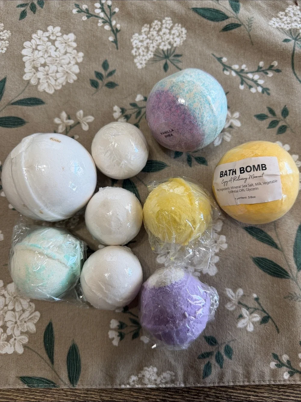 (9) Assorted Bath Bomb Set – White, Yellow, Purple, Blue Self Care Relax