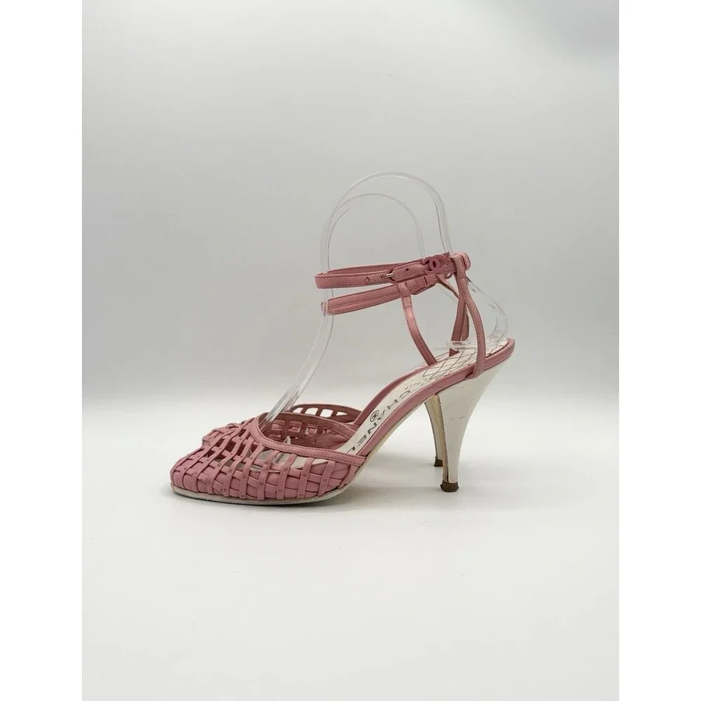 Chanel Pink Basketweave Leather CC Logo Ankle Strap Heels D'Orsay Sz EU 35.5