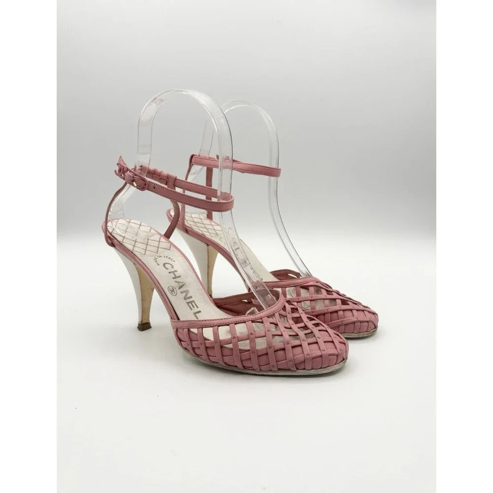 Chanel Pink Basketweave Leather CC Logo Ankle Strap Heels D'Orsay Sz EU 35.5