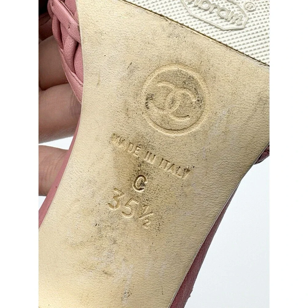 Chanel Pink Basketweave Leather CC Logo Ankle Strap Heels D'Orsay Sz EU 35.5