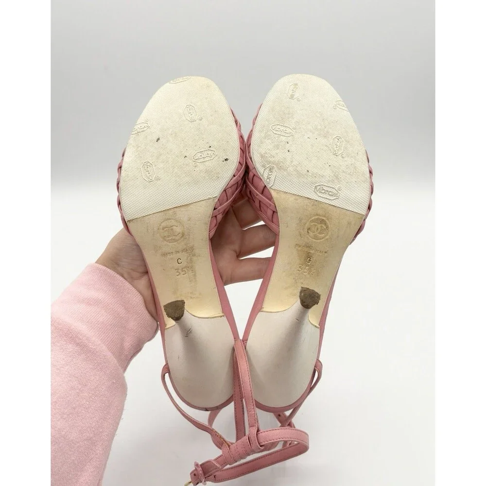 Chanel Pink Basketweave Leather CC Logo Ankle Strap Heels D'Orsay Sz EU 35.5