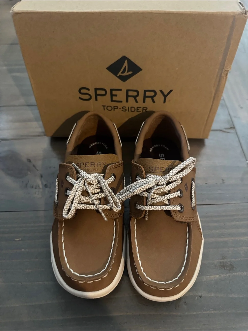 Perfect Sperry Kids Brown Leather Moccasin Boat Shoes White Laces 11