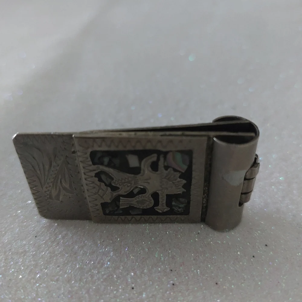 Vintage Alpaca Mexico Silver Engraved Money Clip w/inset Mother-of-Pearl/Abalone
