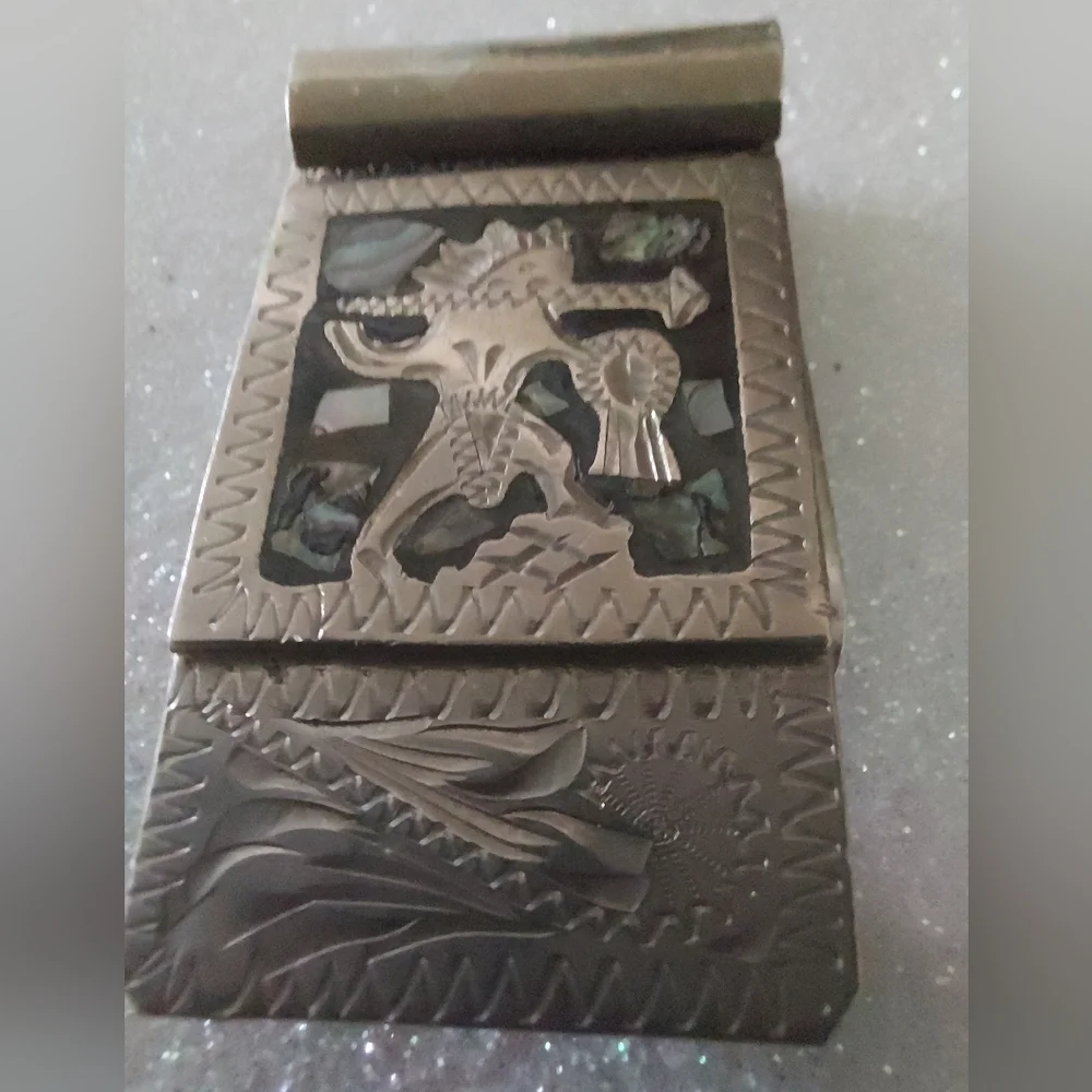 Vintage Alpaca Mexico Silver Engraved Money Clip w/inset Mother-of-Pearl/Abalone