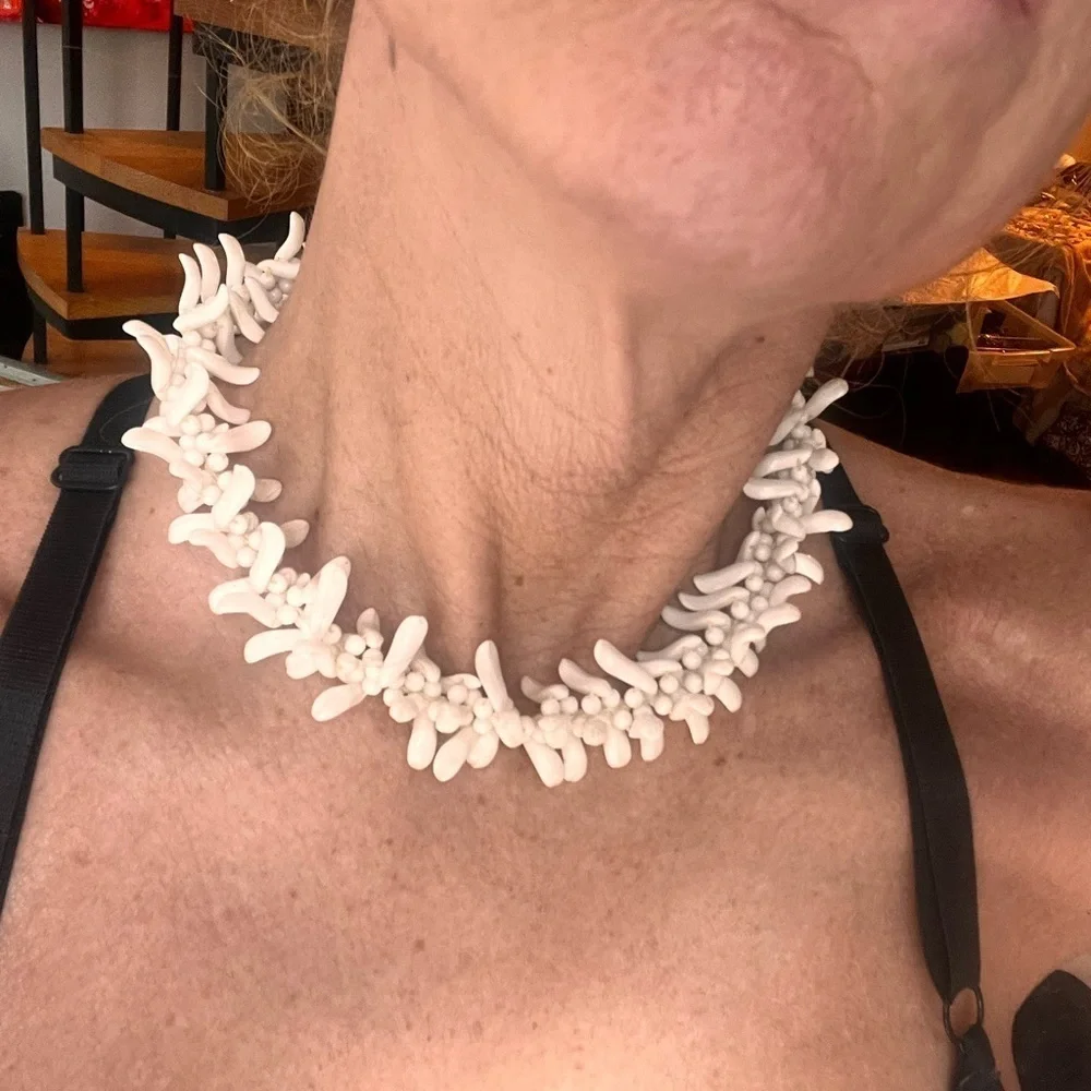 Vintage White Milk Glass Beaded Fringe Choker Necklace Marked Germany