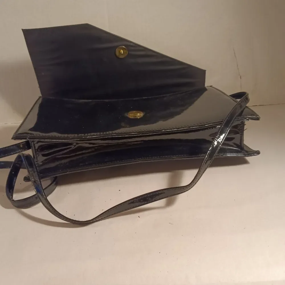 Vintage Black Patent Leather Envelope Clutch with Crossbody Strap