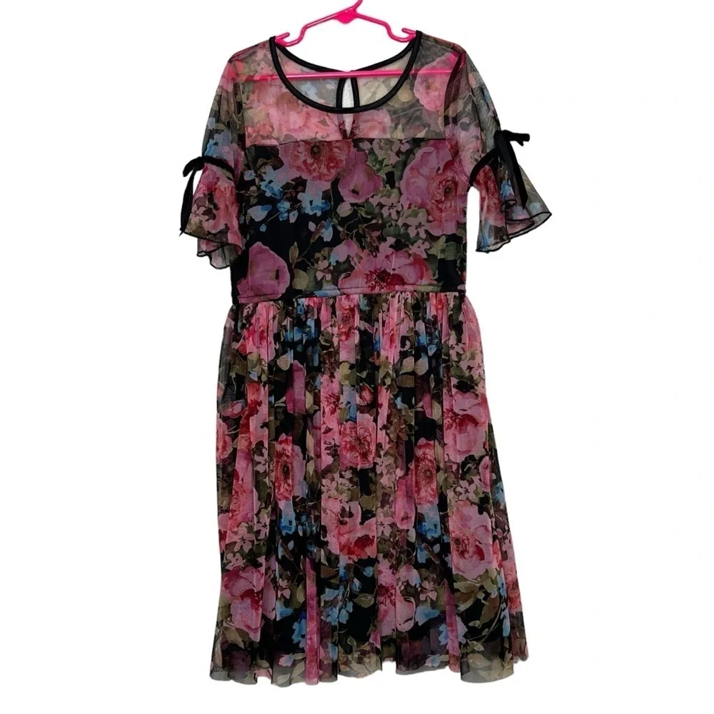 Justice Girls Size 10 Black Pink Floral Dress Velvet Trim Semi-sheer Shoulders