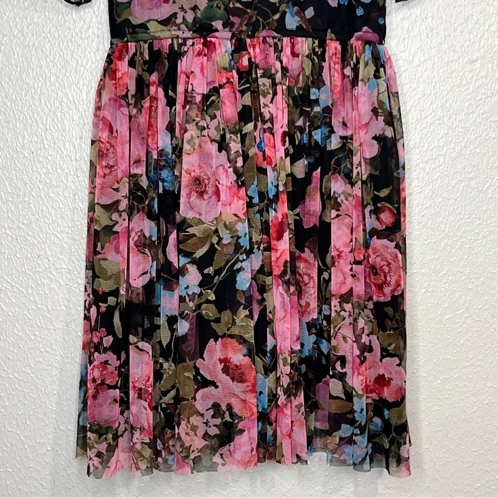 Justice Girls Size 10 Black Pink Floral Dress Velvet Trim Semi-sheer Shoulders