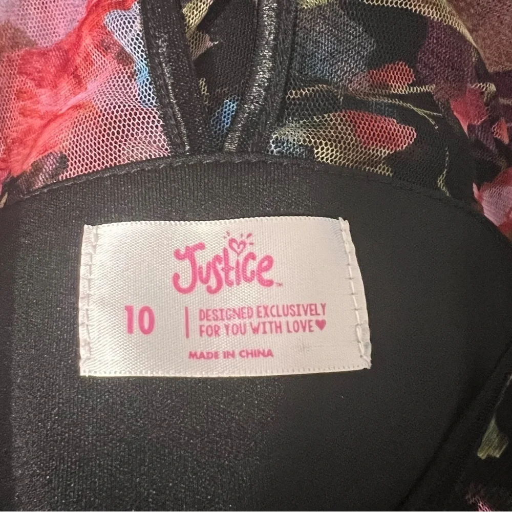 Justice Girls Size 10 Black Pink Floral Dress Velvet Trim Semi-sheer Shoulders