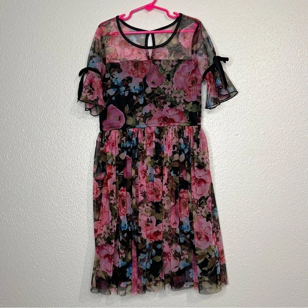 Justice Girls Size 10 Black Pink Floral Dress Velvet Trim Semi-sheer Shoulders