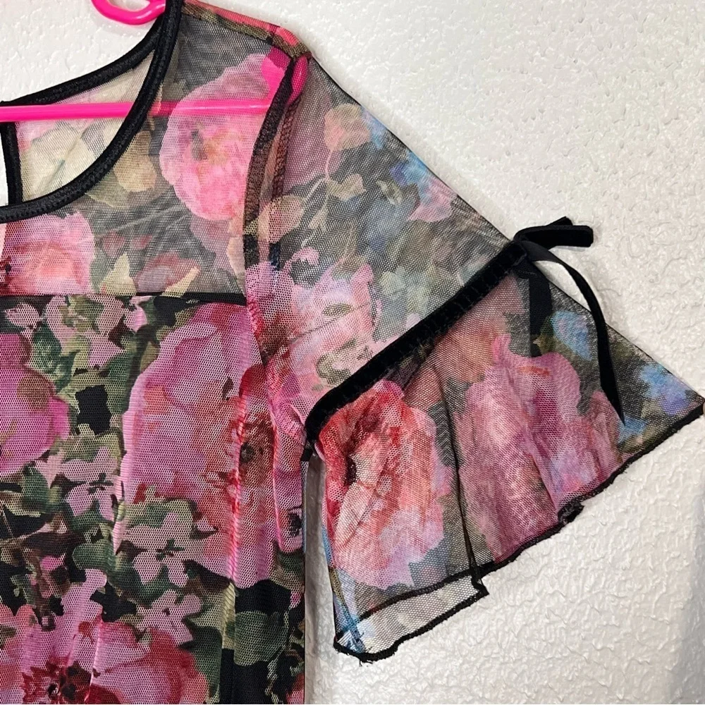 Justice Girls Size 10 Black Pink Floral Dress Velvet Trim Semi-sheer Shoulders