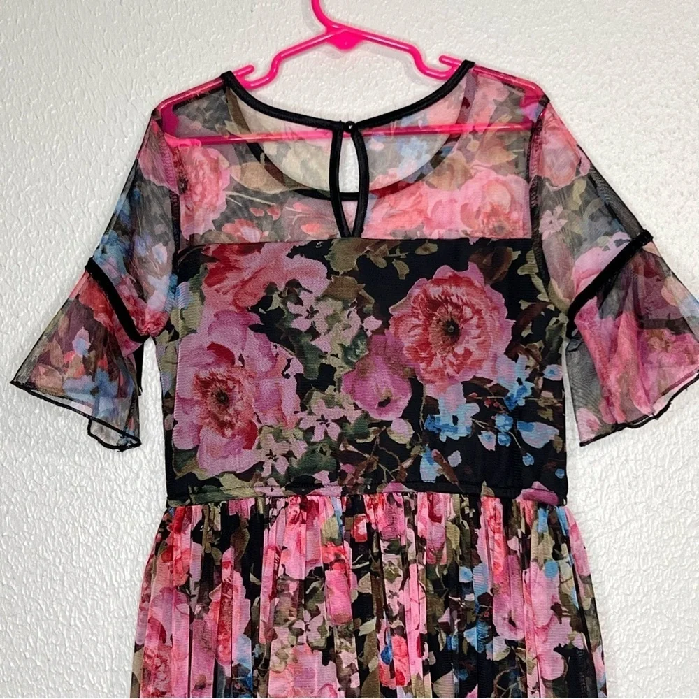 Justice Girls Size 10 Black Pink Floral Dress Velvet Trim Semi-sheer Shoulders