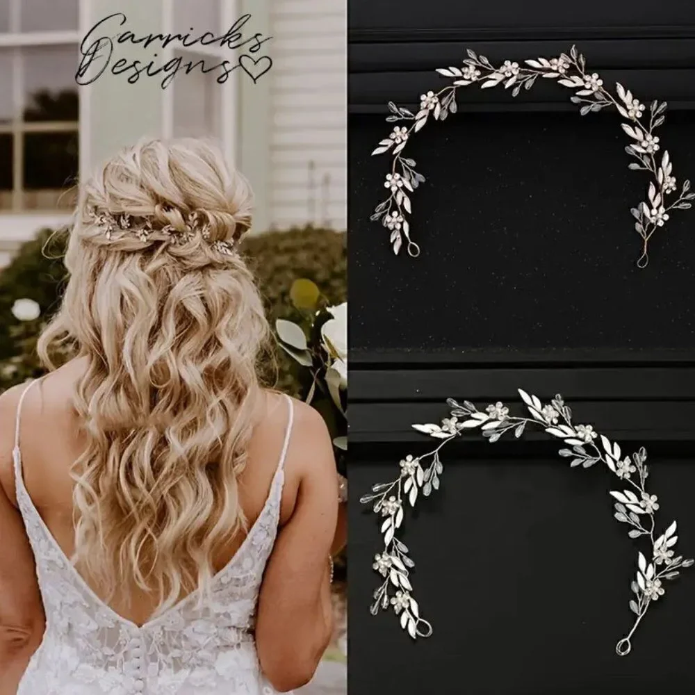 Bridal Floral Pearl and Crystal Hair Vine Wreath Silver or Rose Gold