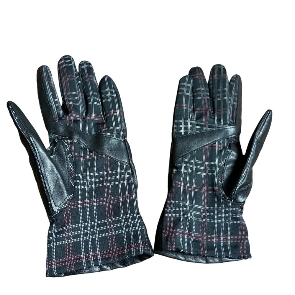 Women's Black Faux Leather and Plaid Stretch Gloves, L/XL