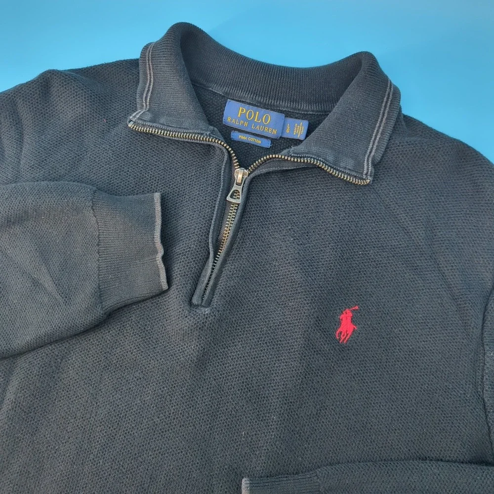 Polo Ralph Lauren Mens Black Pima Cotton Quarter Zip Sweater Large Pony Logo