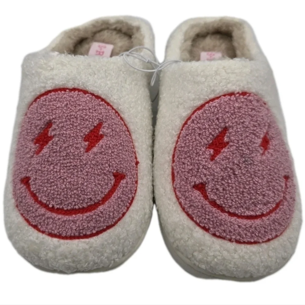 Smiley Face Plush Slippers Retro Soft Size 10 11 12 2 House Shoes Slip On Barbie