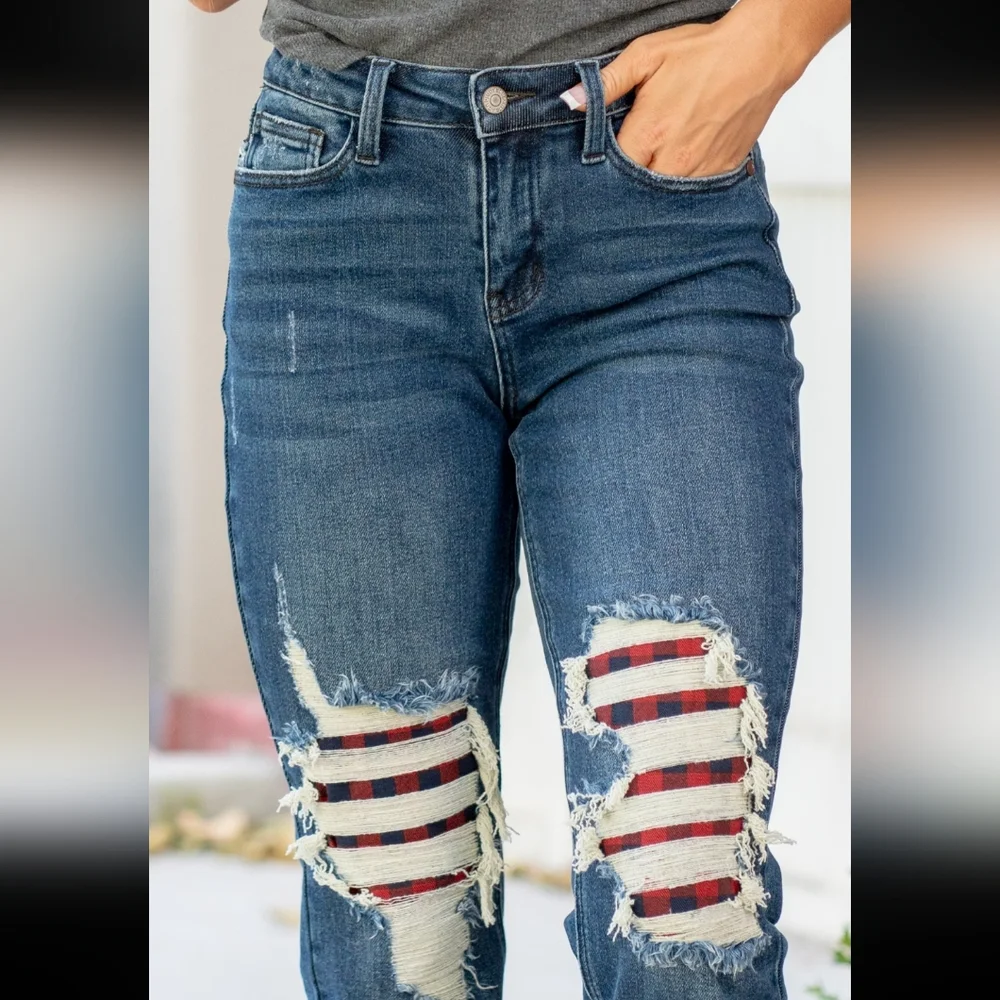🥳 Sale Judy Blue Buffalo Plaid Patch midrise Navy Red Americana