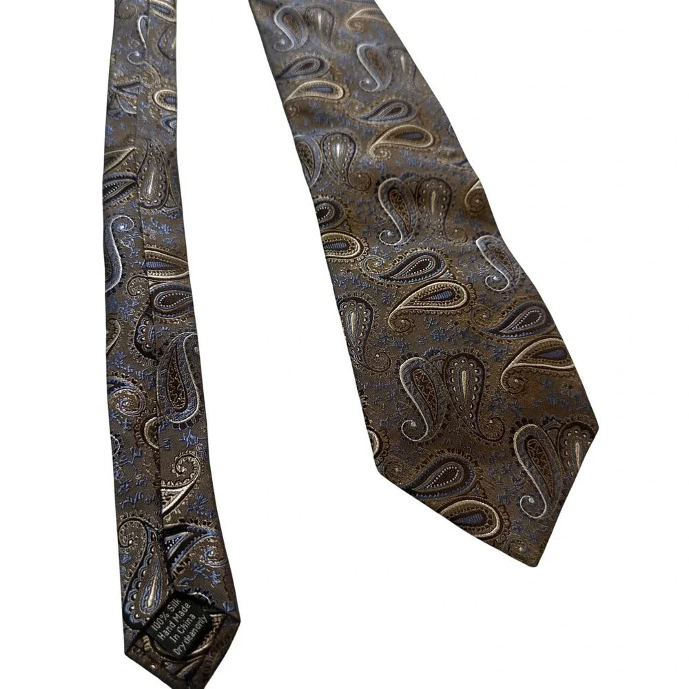 Pronto Uomo Tie Mens OS Brown Blue Paisley Silk Hand Made Business Professional