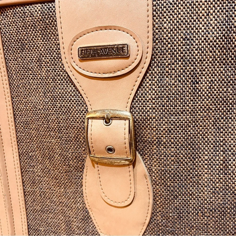 Vintage Fifth Avenue Tweed Hard-Sided Suitcase Tan Leather Trim