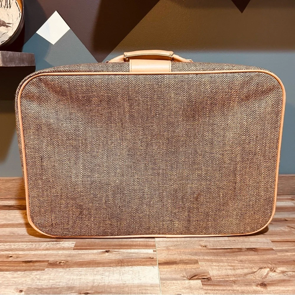 Vintage Fifth Avenue Tweed Hard-Sided Suitcase Tan Leather Trim