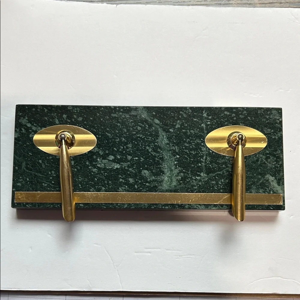 MCM 1960’s Gold Pen Stand Dark Green Marble Dual pen holder Vtg Condition no pen