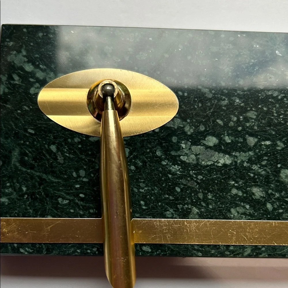 MCM 1960’s Gold Pen Stand Dark Green Marble Dual pen holder Vtg Condition no pen