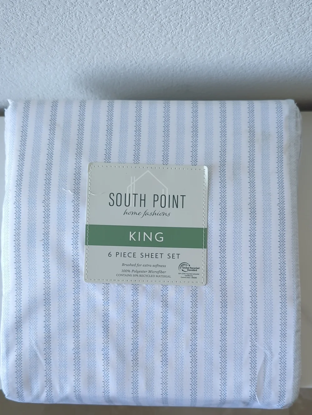 South Point King 6-Piece Sheet Set - White with Blue Stiched Stripes blue